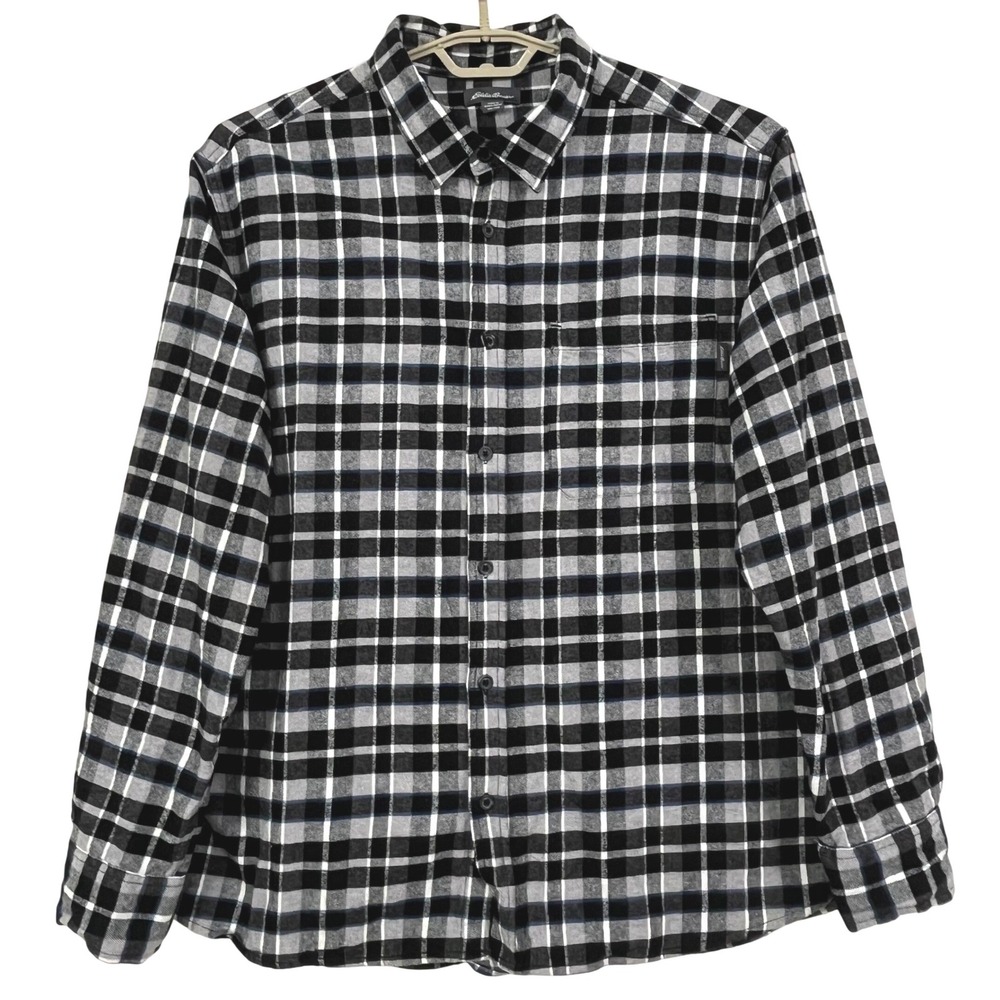 Eddie Bauer Mens Flannel Shirt XXL Black Plaid Long Sleeve Cotton Button Down